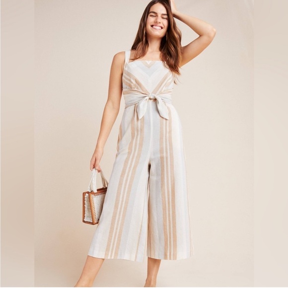 Anthropologie Savannah striped jumpsuit tie front neutral - Picture 1 of 11